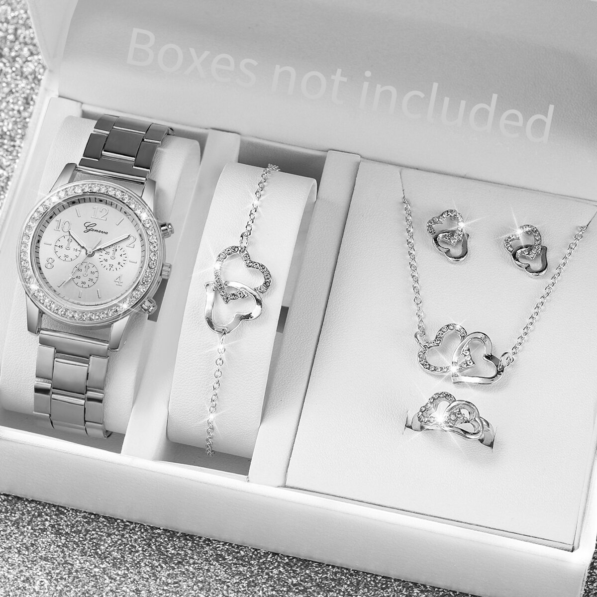 6pcs/set women's watch fashion rhinestone stainless steel band quartz watch double heart jewelry set(without box) 6pcs/set women's watch fashion rhinestone stainless steel band quartz watch double heart jewelry set(without box)