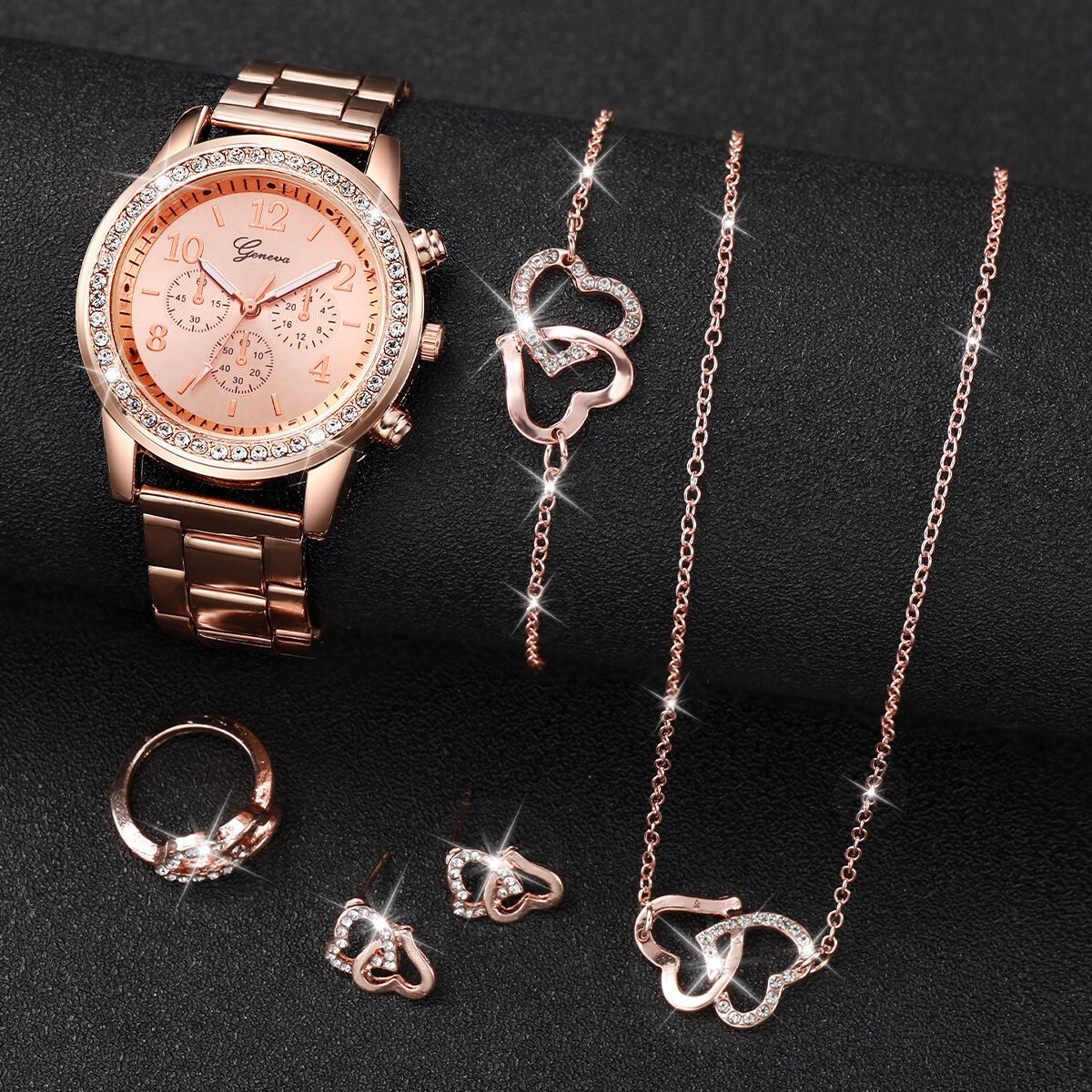 6pcs/set women's watch fashion rhinestone stainless steel band quartz watch double heart jewelry set(without box) 6pcs/set women's watch fashion rhinestone stainless steel band quartz watch double heart jewelry set(without box)