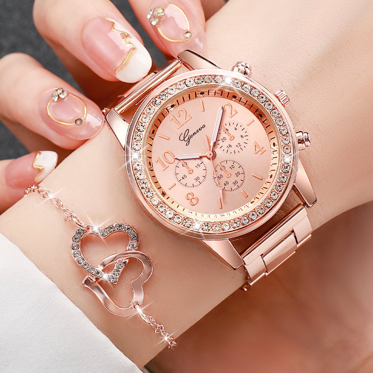 6pcs/set women's watch fashion rhinestone stainless steel band quartz watch double heart jewelry set(without box) 6pcs/set women's watch fashion rhinestone stainless steel band quartz watch double heart jewelry set(without box)