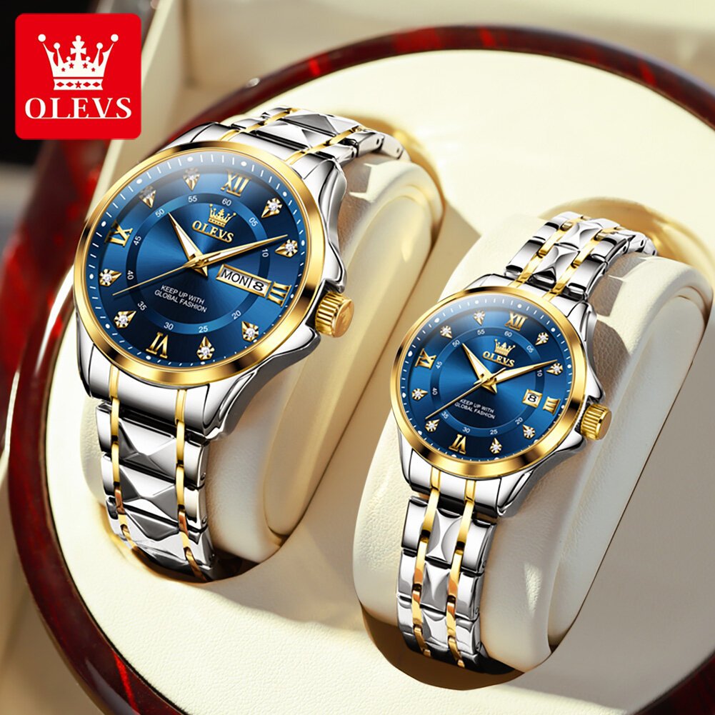 olevs 2906 fashion date quartz couple watches diamond top brand luxury watch for men women waterproof stainless steel wristwatch