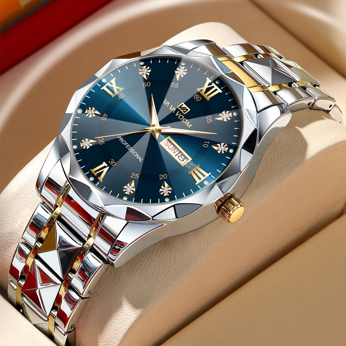 men watch water diamond luxury night glow double calendar quartz movement 41mm blue gold stainless steel fashion business watch