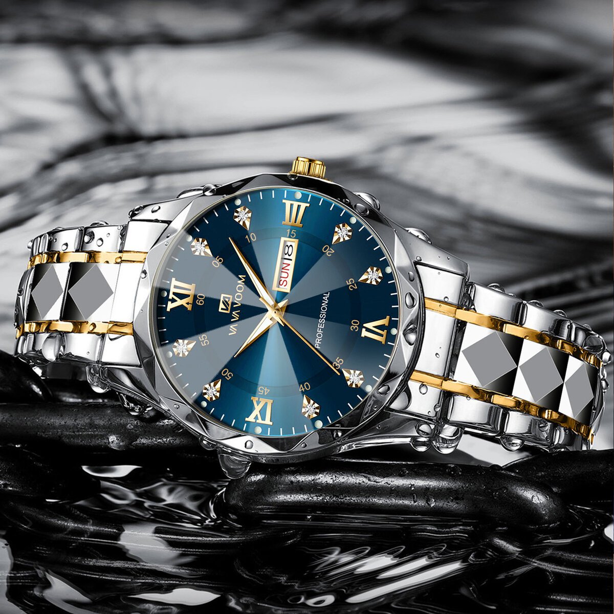 men watch water diamond luxury night glow double calendar quartz movement 41mm blue gold stainless steel fashion business watch men watch water diamond luxury night glow double calendar quartz movement 41mm blue gold stainless steel fashion business watch