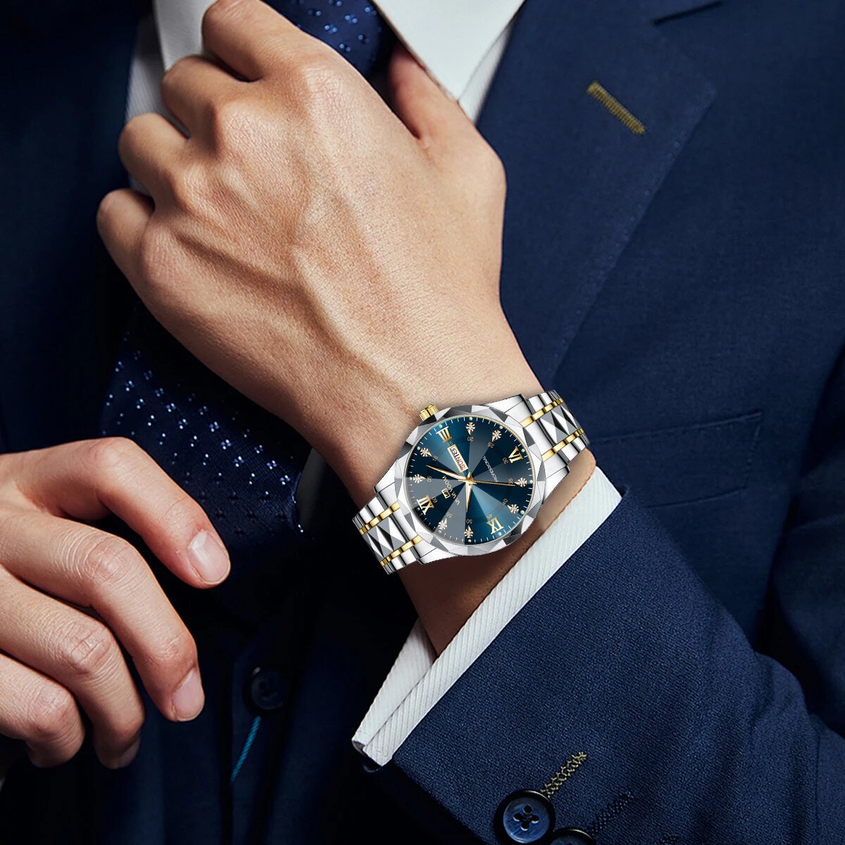 men watch water diamond luxury night glow double calendar quartz movement 41mm blue gold stainless steel fashion business watch men watch water diamond luxury night glow double calendar quartz movement 41mm blue gold stainless steel fashion business watch