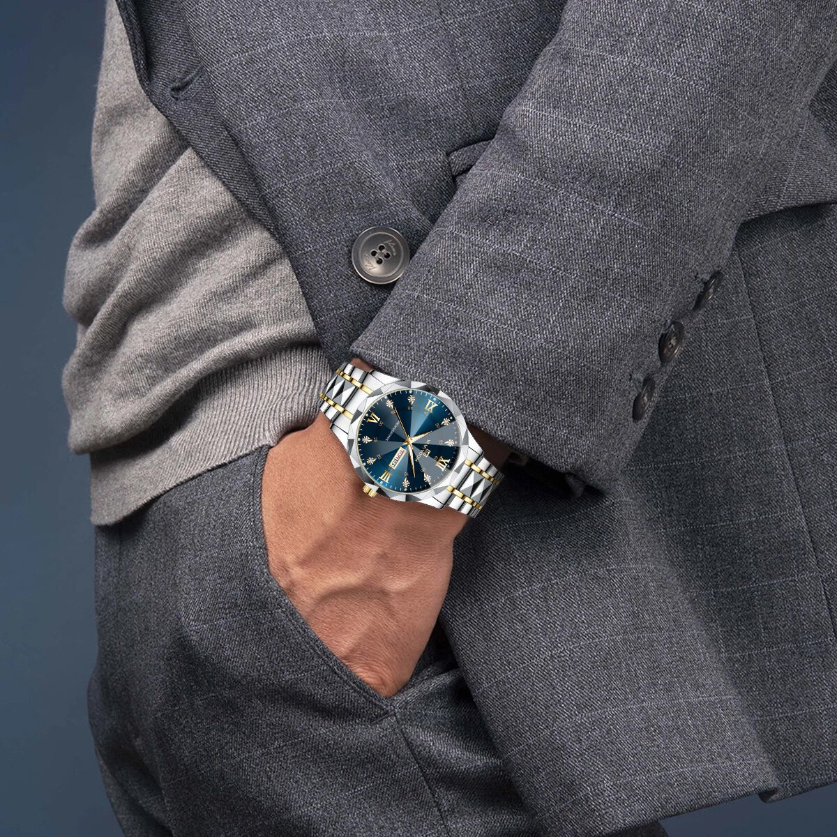 men watch water diamond luxury night glow double calendar quartz movement 41mm blue gold stainless steel fashion business watch men watch water diamond luxury night glow double calendar quartz movement 41mm blue gold stainless steel fashion business watch