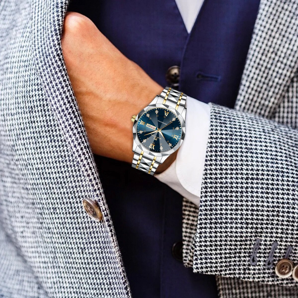 men watch water diamond luxury night glow double calendar quartz movement 41mm blue gold stainless steel fashion business watch men watch water diamond luxury night glow double calendar quartz movement 41mm blue gold stainless steel fashion business watch