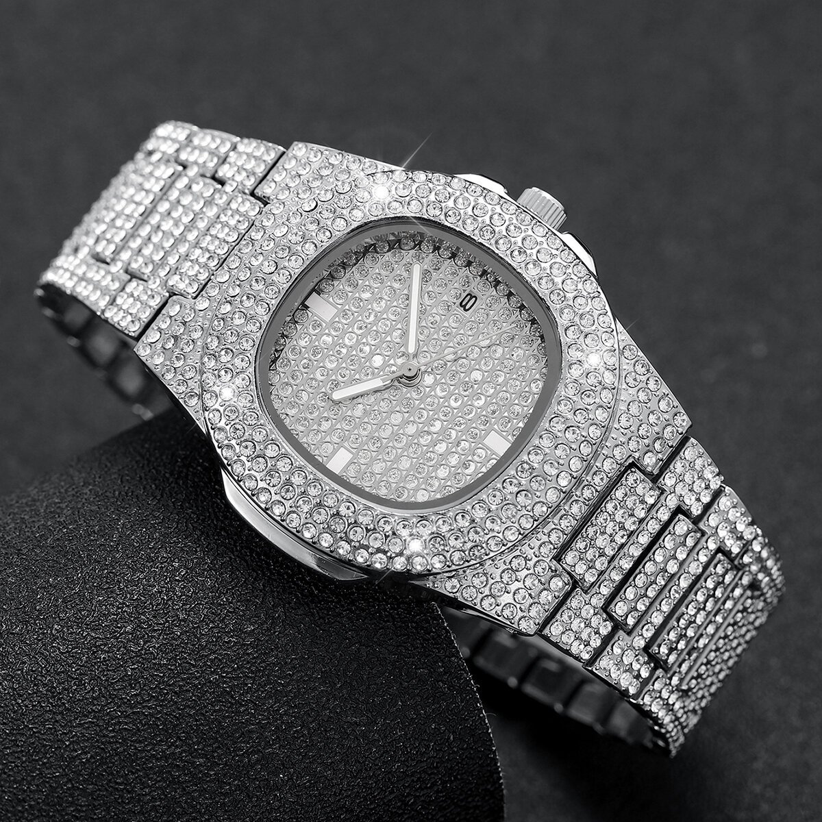 luxury full diamond men's stainless steel watches male sports quartz wristwatch with calendar