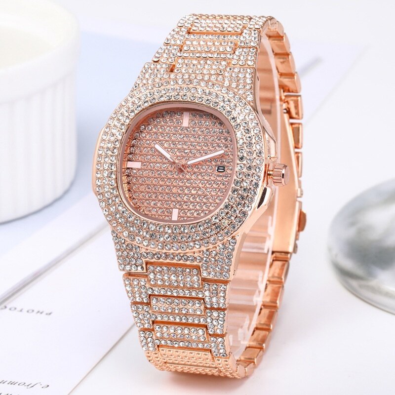 luxury full diamond men's stainless steel watches male sports quartz wristwatch with calendar luxury full diamond men's stainless steel watches male sports quartz wristwatch with calendar