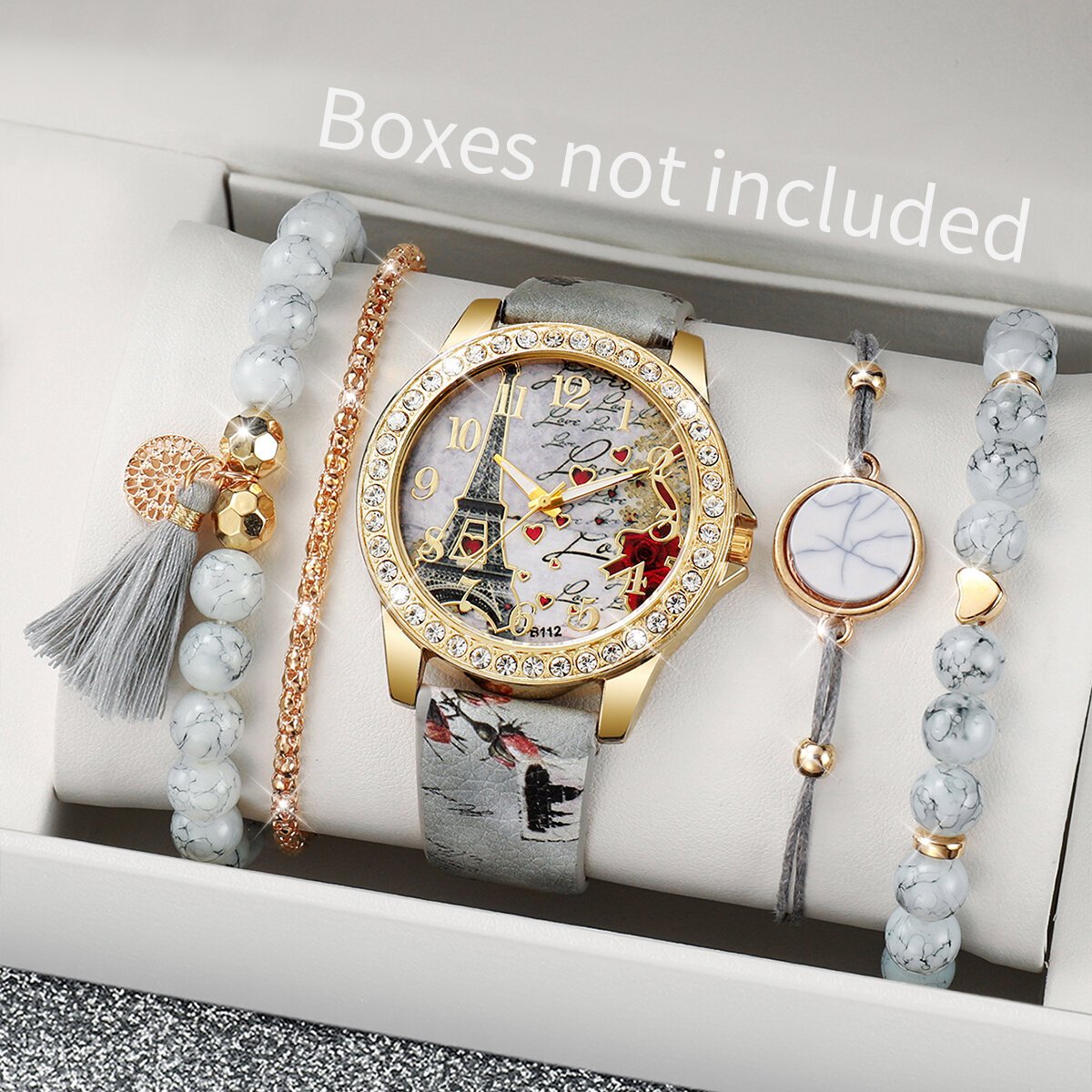 2/3/4/5pcs fashion rhinestone women's watch flowers printed leather band female quartz watches bracelets set(without box)