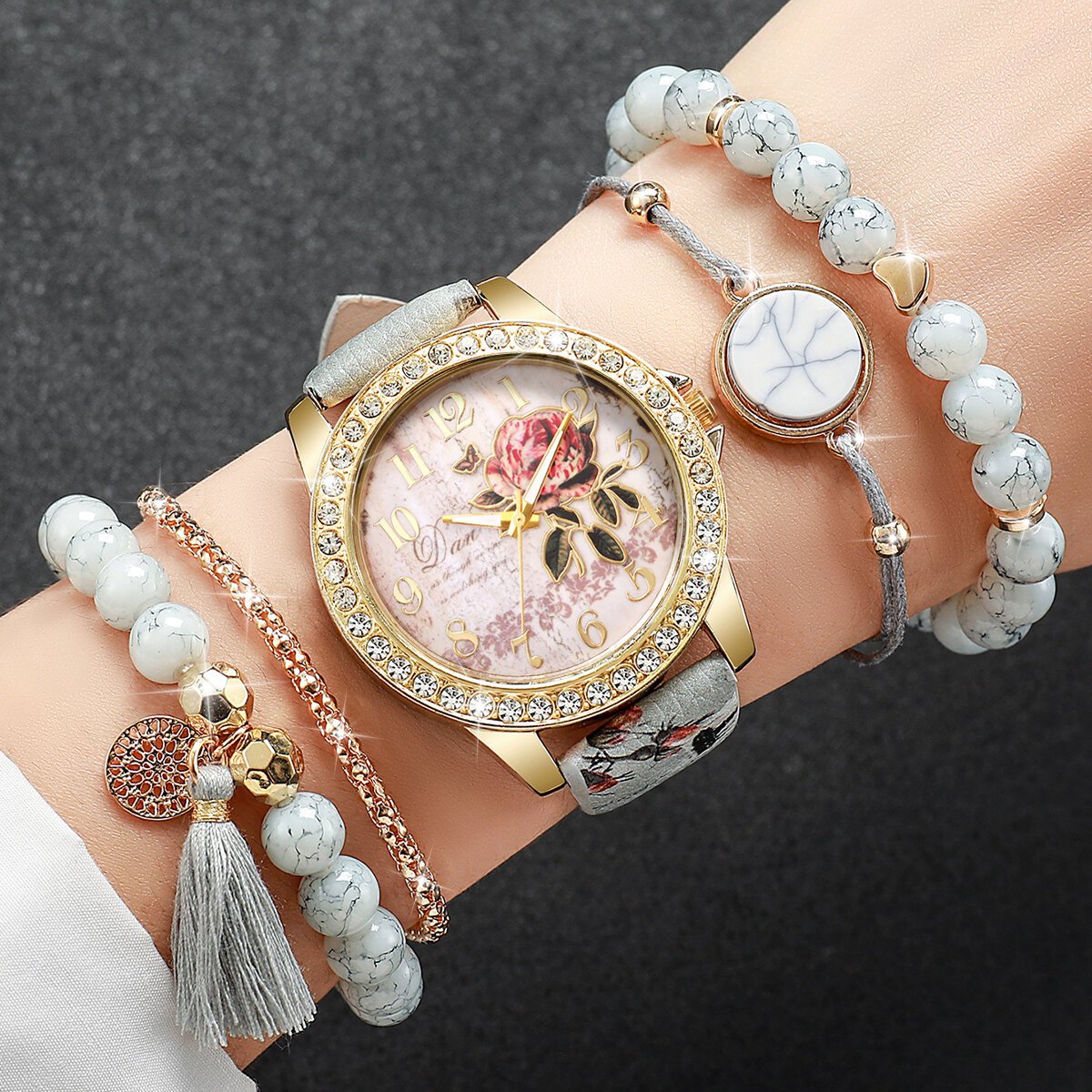 2/3/4/5pcs fashion rhinestone women's watch flowers printed leather band female quartz watches bracelets set(without box) 2/3/4/5pcs fashion rhinestone women's watch flowers printed leather band female quartz watches bracelets set(without box)