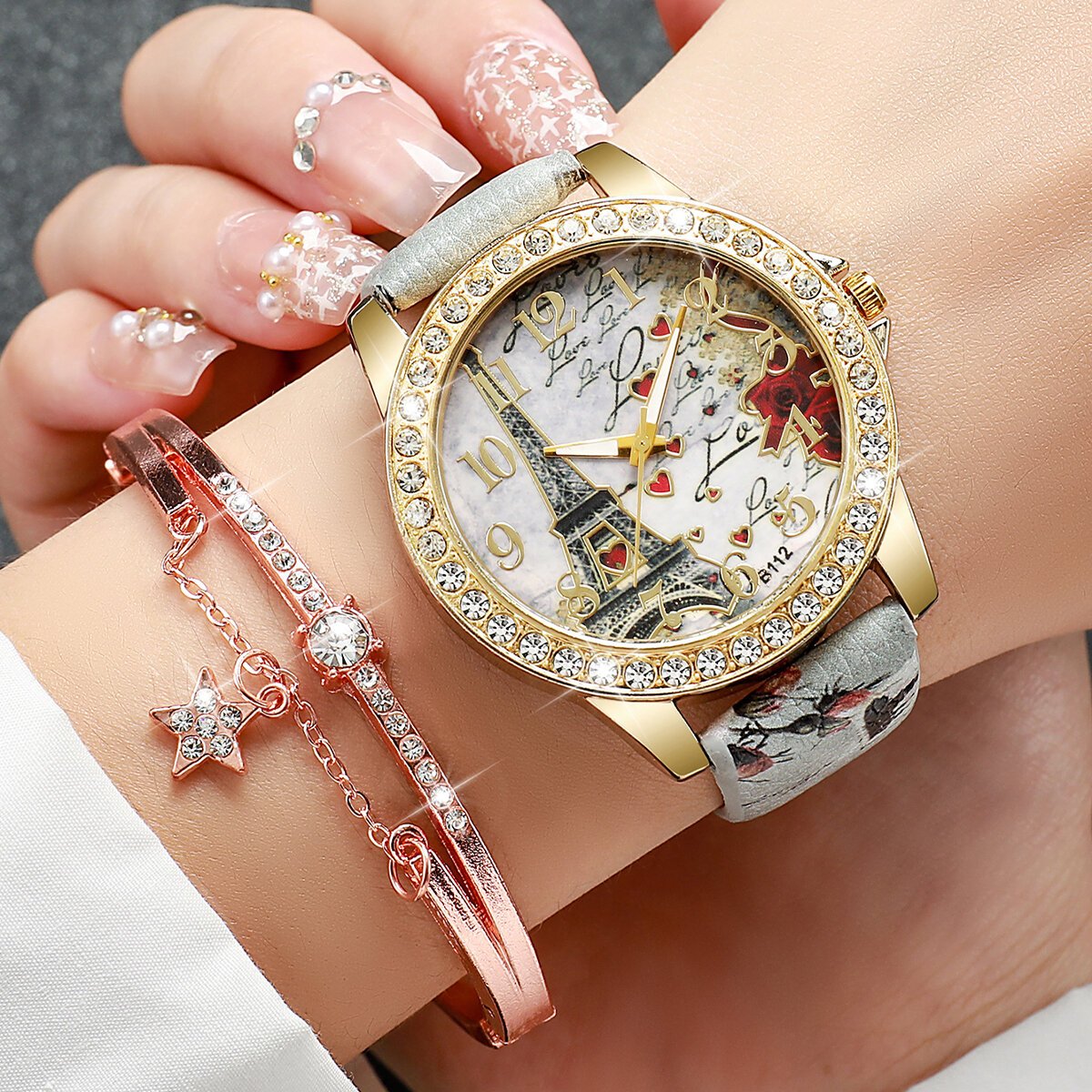 2/3/4/5pcs fashion rhinestone women's watch flowers printed leather band female quartz watches bracelets set(without box) 2/3/4/5pcs fashion rhinestone women's watch flowers printed leather band female quartz watches bracelets set(without box)