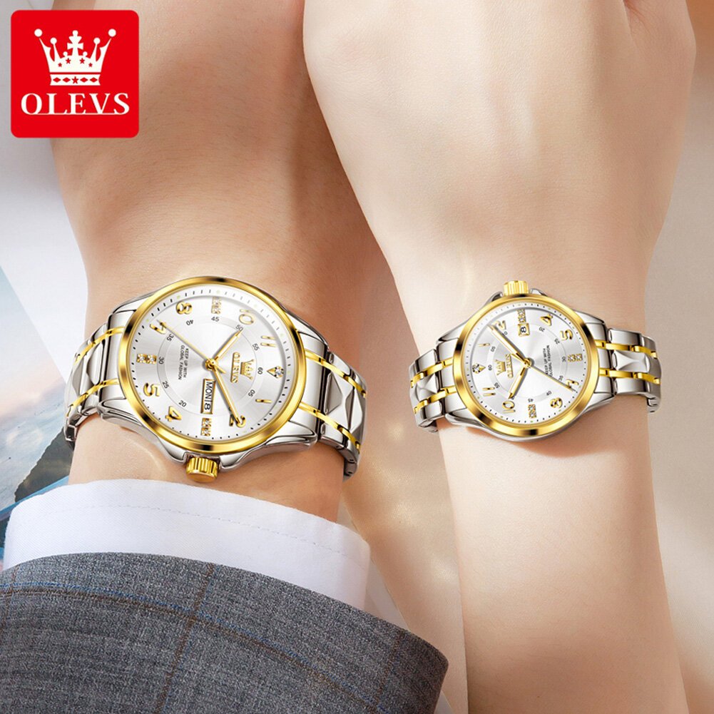olevs 2910 luxury men women couple watch dual calendar display waterproof stainless steel clock gold diamond couple quartz watch olevs 2910 luxury men women couple watch dual calendar display waterproof stainless steel clock gold diamond couple quartz watch