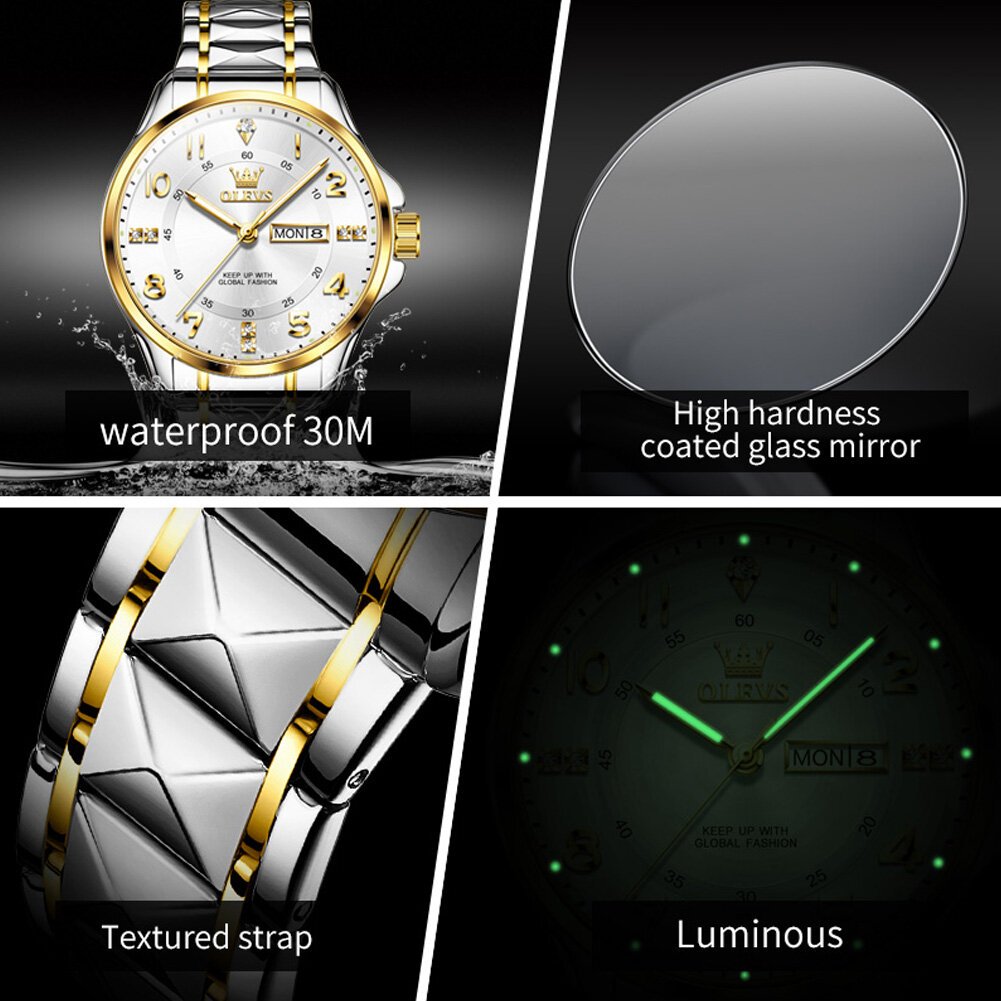 olevs 2910 luxury men women couple watch dual calendar display waterproof stainless steel clock gold diamond couple quartz watch olevs 2910 luxury men women couple watch dual calendar display waterproof stainless steel clock gold diamond couple quartz watch