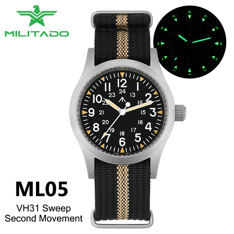 militado ml05 field watch 38mm vh31 sweep quartz movement sapphire crystal 100m water resistant screw down crown men's watches