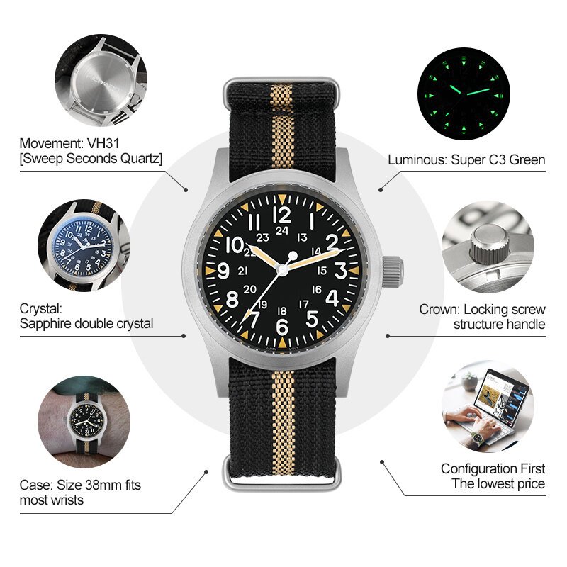 militado ml05 field watch 38mm vh31 sweep quartz movement sapphire crystal 100m water resistant screw down crown men's watches militado ml05 field watch 38mm vh31 sweep quartz movement sapphire crystal 100m water resistant screw down crown men's watches