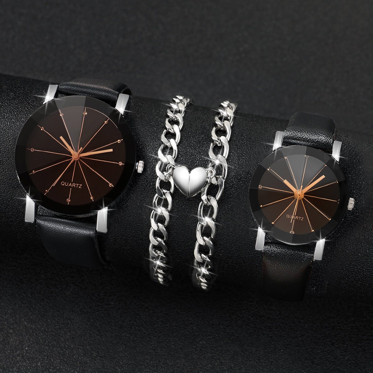 4pcs/set couple's watches fashion rhinestone men women leather band quartz watch magnet heart bracelets set