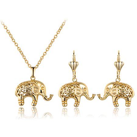 Barzel 18K Gold Plated Filigree Cutout Drop Elephant Earrings and Necklace Jewelry Set (Yellow
