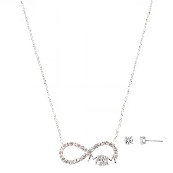 Believe by Brilliance Women's Cubic Zirconia Infinity Mom Necklace and Stud Set 16+2