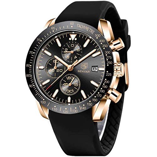 BENYAR Men's Chronograph Watch, Black Silicone Strap, Rose Gold
