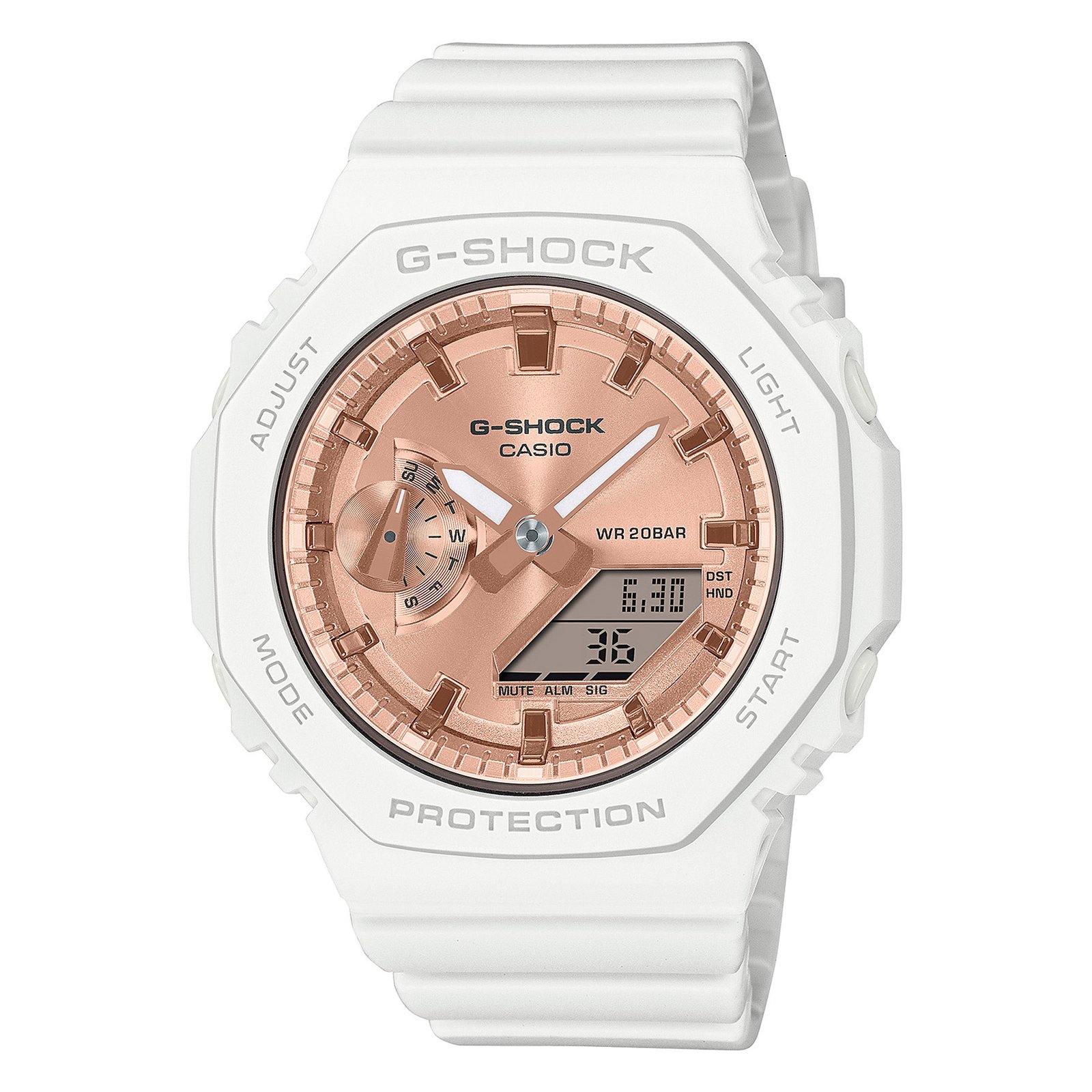 Casio G-Shock GMAS2100MD-7A Watch, White Resin, Rose Gold Dial – view 2