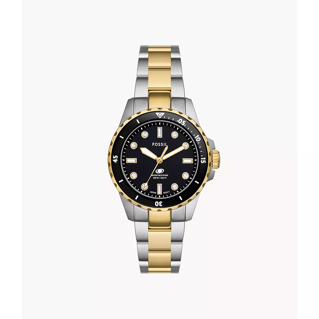Fossil Blue Dive ES5349 Women's Three-Hand Two-Tone Watch, Black Dial - view 2