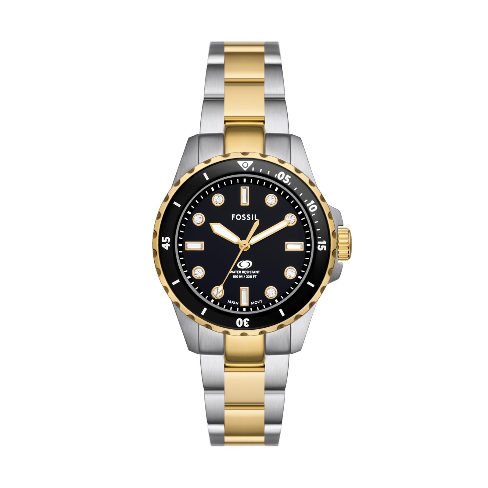 Fossil Blue Dive ES5349 Women's Three-Hand Two-Tone Watch, Black Dial