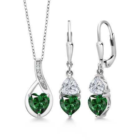 Gem Stone King 925 Sterling Silver Green Nano Emerald and Lab Grown Diamond Pendant Earrings