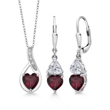 Gem Stone King 925 Sterling Silver Red Rhodolite Garnet and Lab Grown Diamond Pendant Earrings