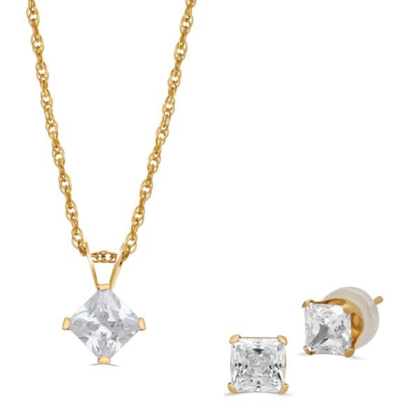 Jewelili 10K Yellow Gold Cubic Zirconia Earring and Pendant Set
