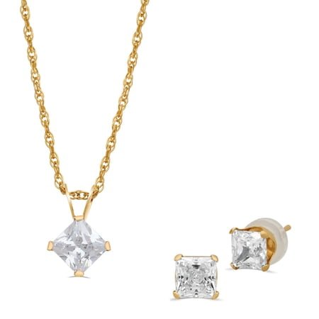 Jewelili 10K Yellow Gold with 5 MM and 4 MM White Square Cubic Zirconia Stud Earring and