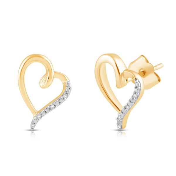 Jewelili Heart Diamond Stud Earrings in 10K Yellow Gold