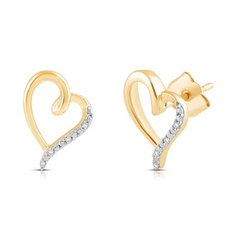 Jewelili Heart Diamond Stud Earrings in 10K Yellow Gold Minimalistic Dainty Ear