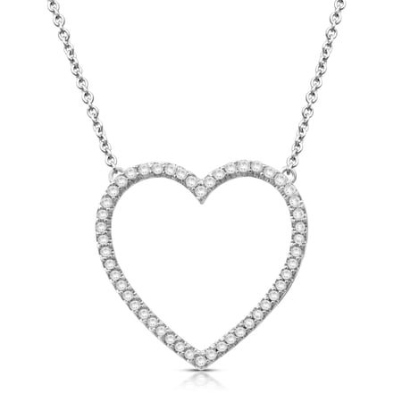 Jewelili Open Heart Necklace Pendant in Sterling Silver with White Round Diamond