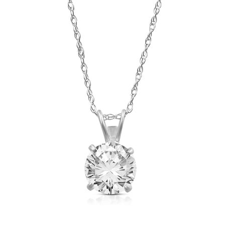 Jewelili Solitaire Pendant Necklace Set with 10K White Gold Round Cut Cubic Zirconia 1Cttw 18