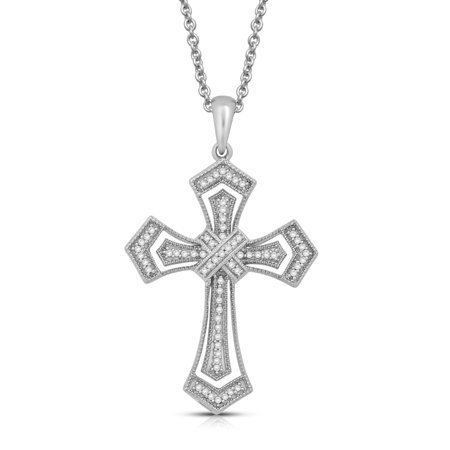 Jewelili Sterling Silver 1/5 Cttw Natural White Round Diamond Cross Pendant Necklace 18 Rolo
