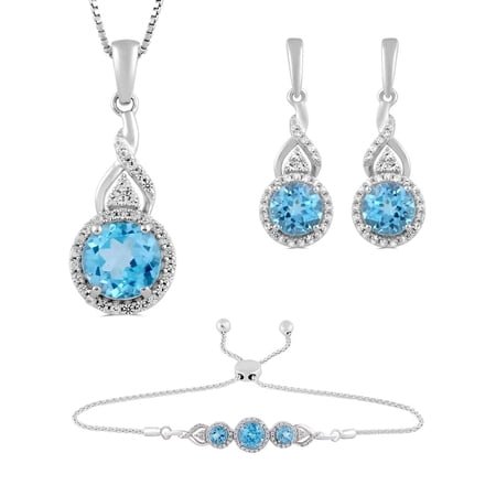 Jewelili Sterling Silver 7 MM 6 MM and 4 MM Round Swiss Blue Topaz and Round Cre