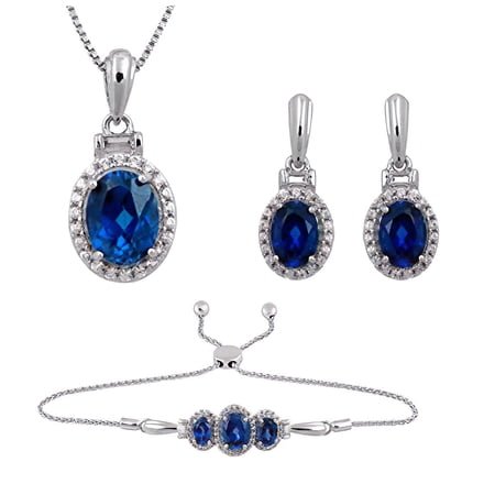 Jewelili Sterling Silver 8x6 MM 7x5 MM and 6x5 MM Oval Created Ceylon with Baguette and Round