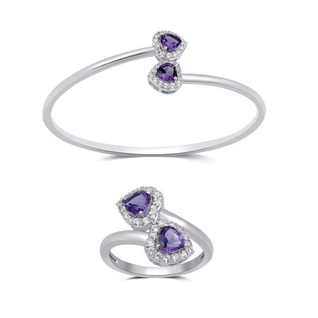 Jewelili Sterling Silver with 5MM and 6MM Heart Amethyst and Round Cubic Zirconia 2 Piece