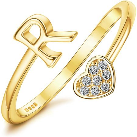 Jstyle 1 pc 925 Sterling Silver Initial Rings for Women 18K Gold Plated Heart Letter Rings
