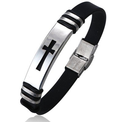 Jstyle Jewelry Men's Bracelet Stainless Steel Black Rubber Bracelets Religious
