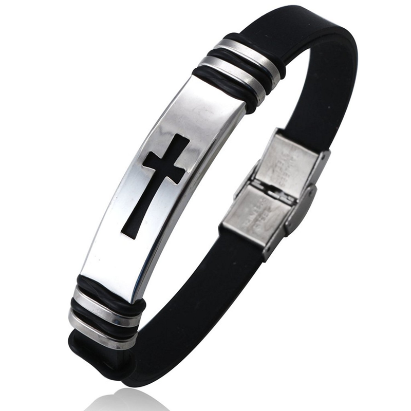 Jstyle Jewelry Men's Bracelet Stainless Steel Black Rubber Bracelets Religious