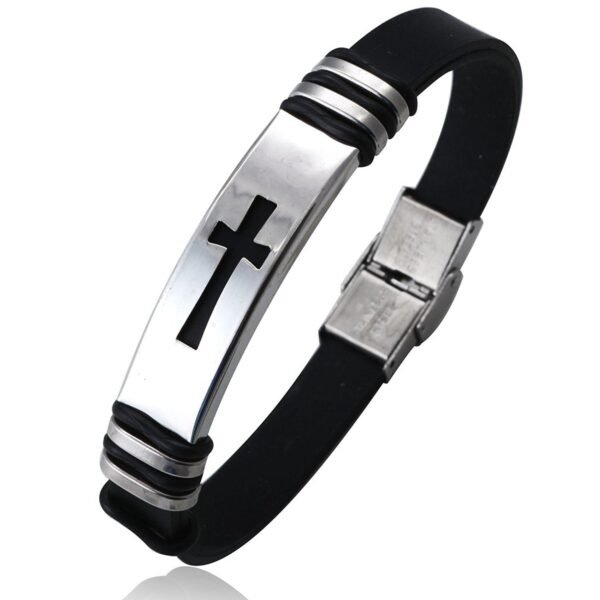 Jstyle Stainless Steel and Black Rubber Cross Bracelet