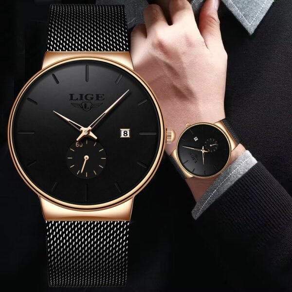 LIGE Gold-Tone Stainless Steel Quartz Bracelet Watch