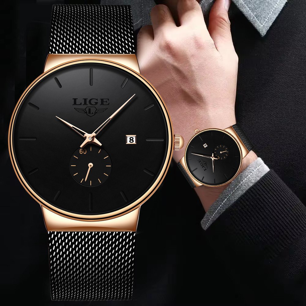 LIGE Gold-Tone Stainless Steel Quartz Bracelet Watch