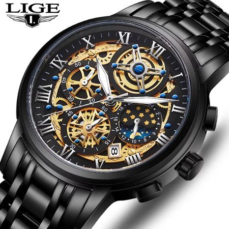 LIGE Men Chronogrph Watches Waterproof Men Stainless Stesl Black