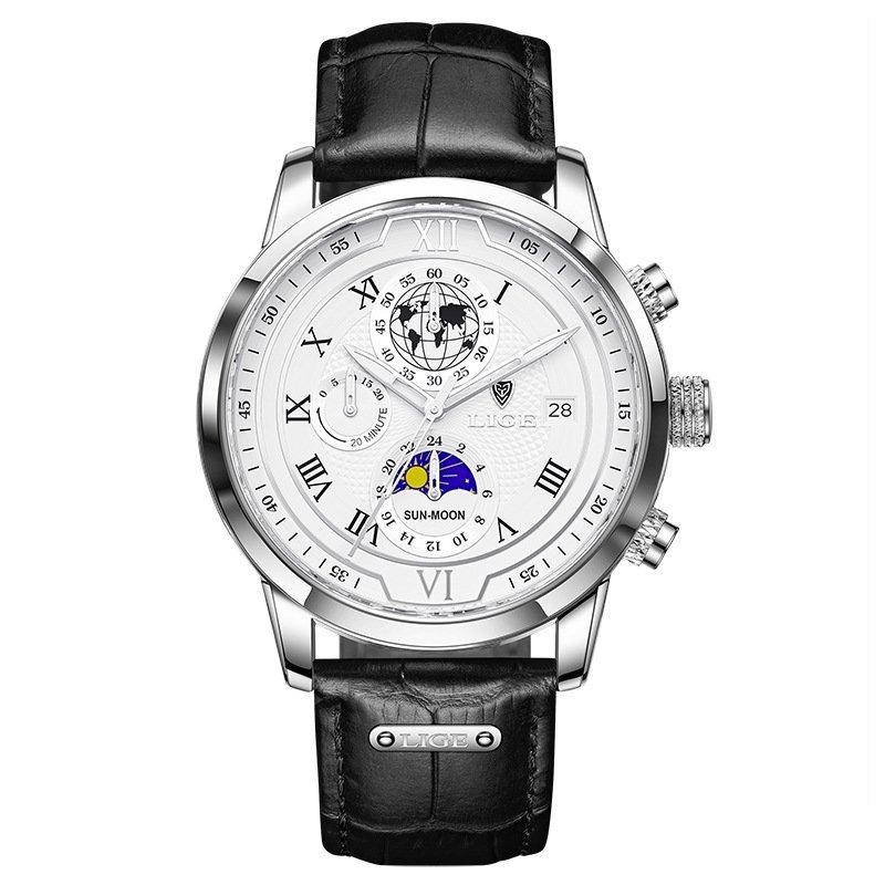 LIGE Men's Silver-Tone Watch, White Dial and Black Leather Strap