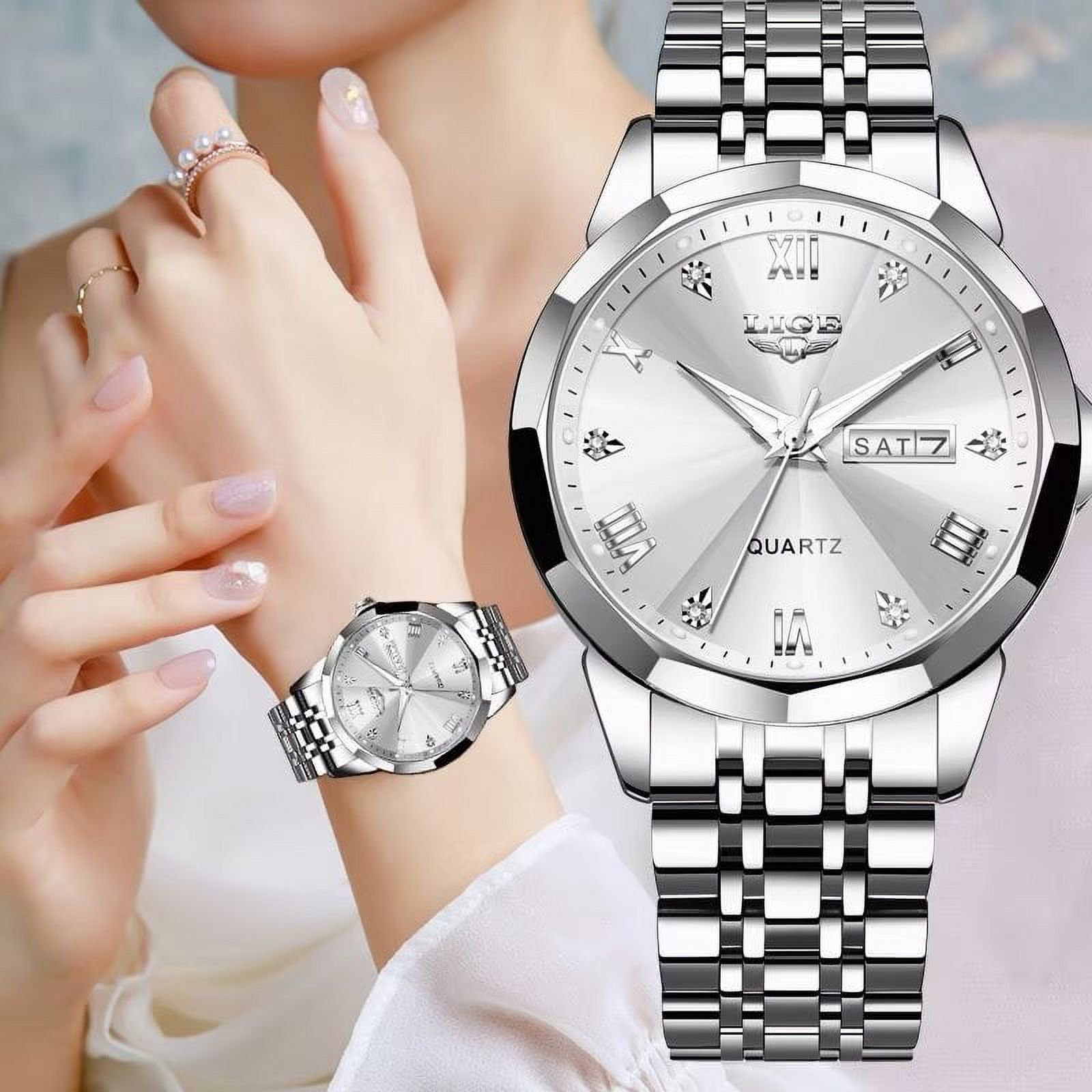 LIGE Women's Stainless Steel Bracelet Watch, Quartz Movement