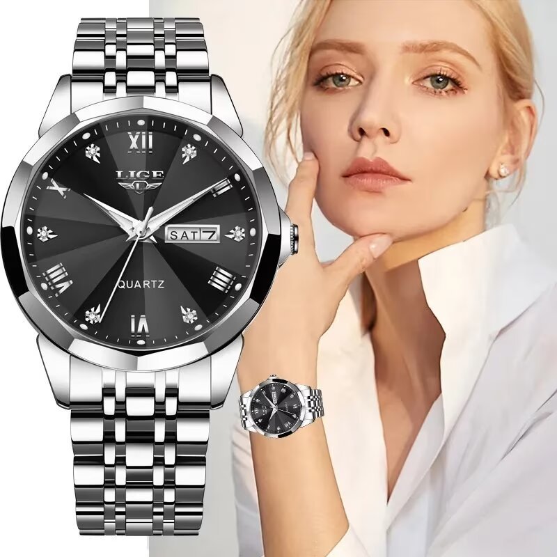 LIGE Women's Steel Bracelet Quartz Watch, Black Finish