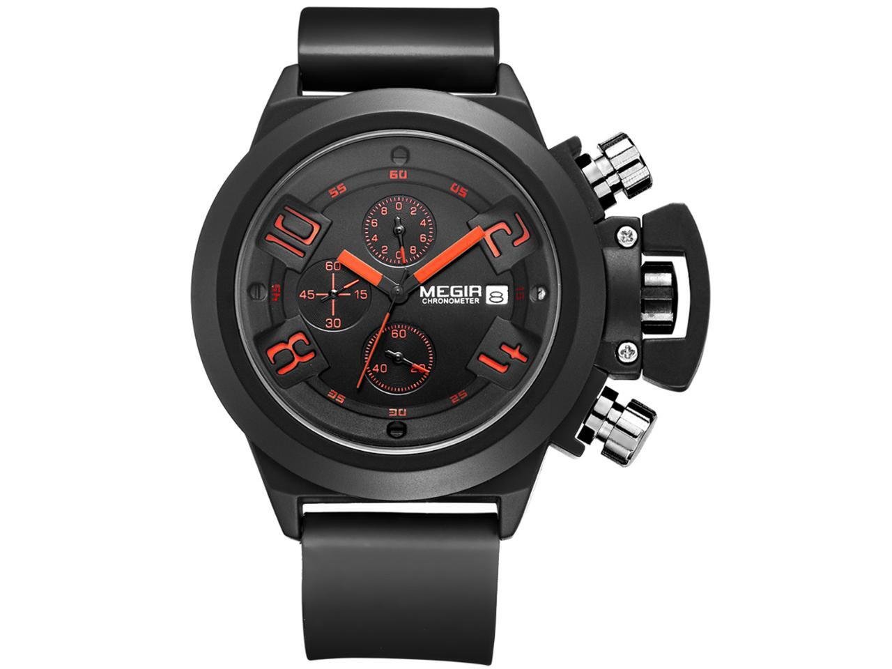 MEGIR Men's Quartz Chronograph Watch, Black with Orange Accents