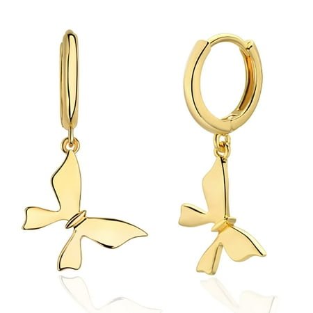 Mevecco 14K Gold Plated Dainty Butterfly Geometric Dangle Hoop Drop Earrings for Women Jewelry