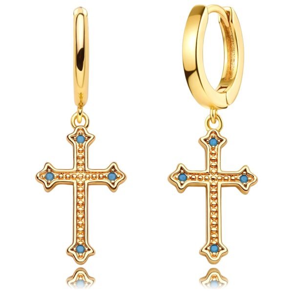 Mevecco Cross Charm Hoop Drop Earrings, 14K Gold Plated